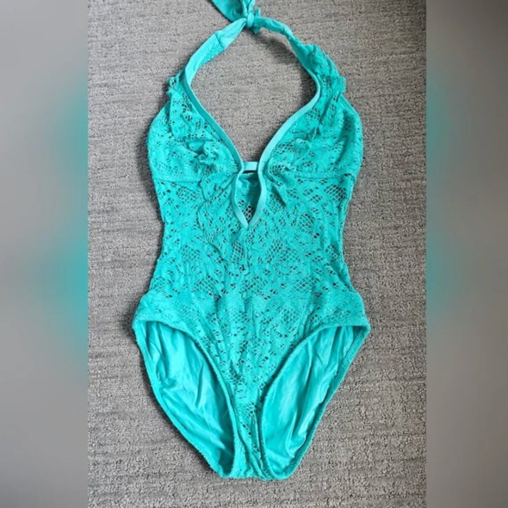 Kenneth Cole Blue One Piece Swimsuit with Lace Overlay Size M LT